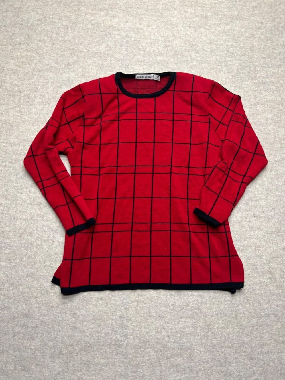 Vintage Karen Lessly Red Black 80s Retro Knit Plaid Checker Sweater Shoulder Pad